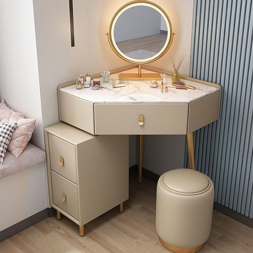 Makeup Vanity Set Wood | Hollywood LED Mirror | Dresser Desk Table 5 Drawers Lig