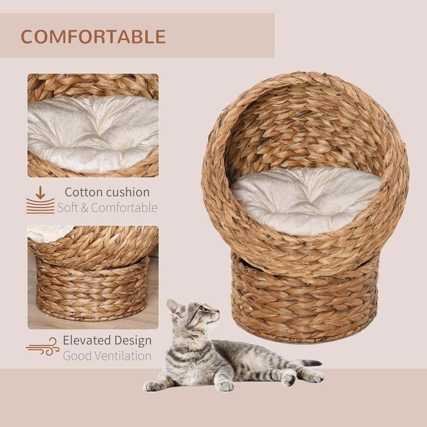 Elevated Wicker Cat Bed Cave Banana Leaf Pet House w Cushion 50cm