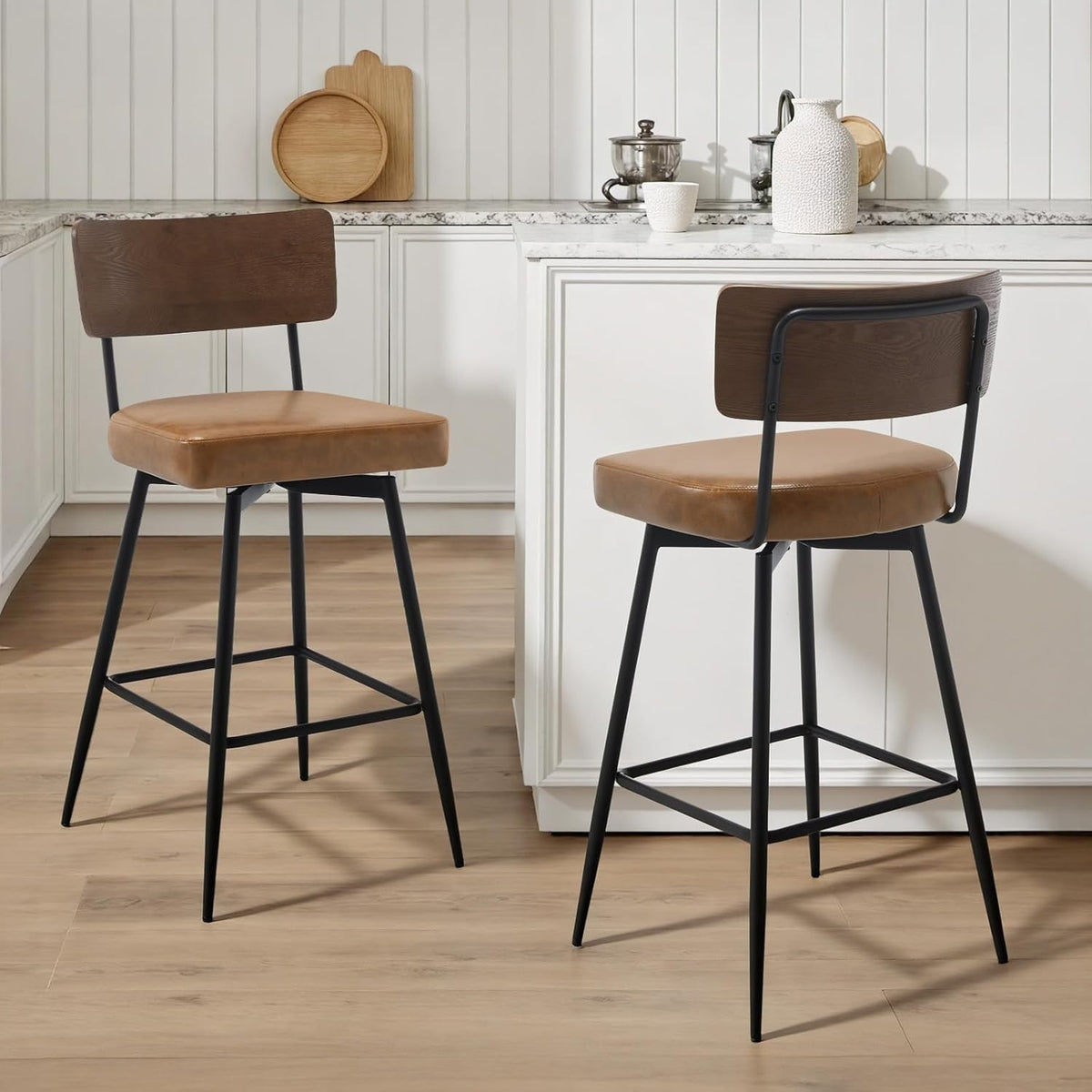 Bentwood Swivel Bar Stools Set of 2 | PU Leather Counter Chairs