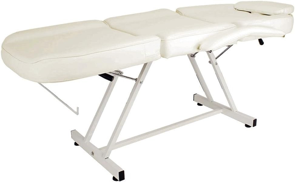 Beauty Massage Bed with Stool Adjustable 3-Section Salon Table Cream White