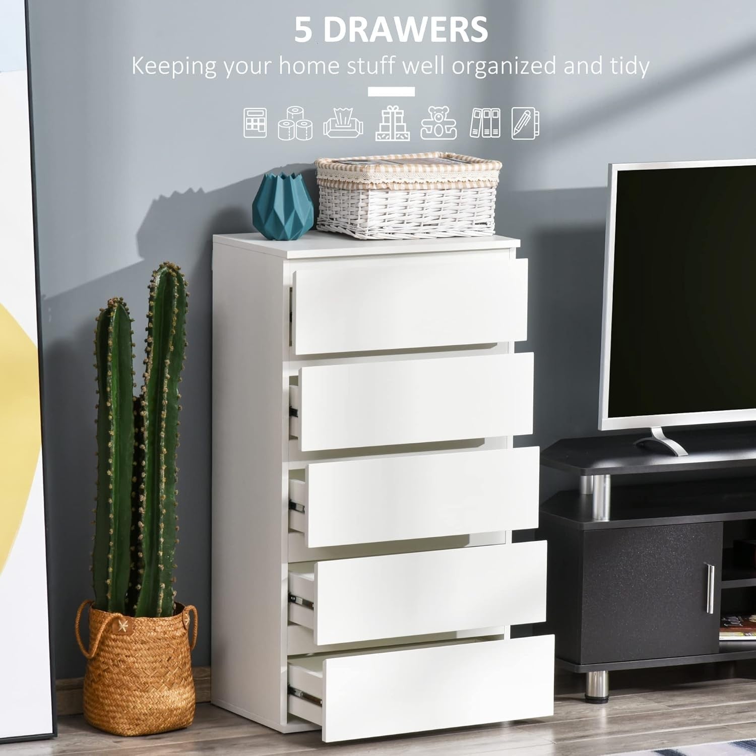 White 5 Drawer Chest Tall Slim Storage Cabinet Bedroom Hallway Unit