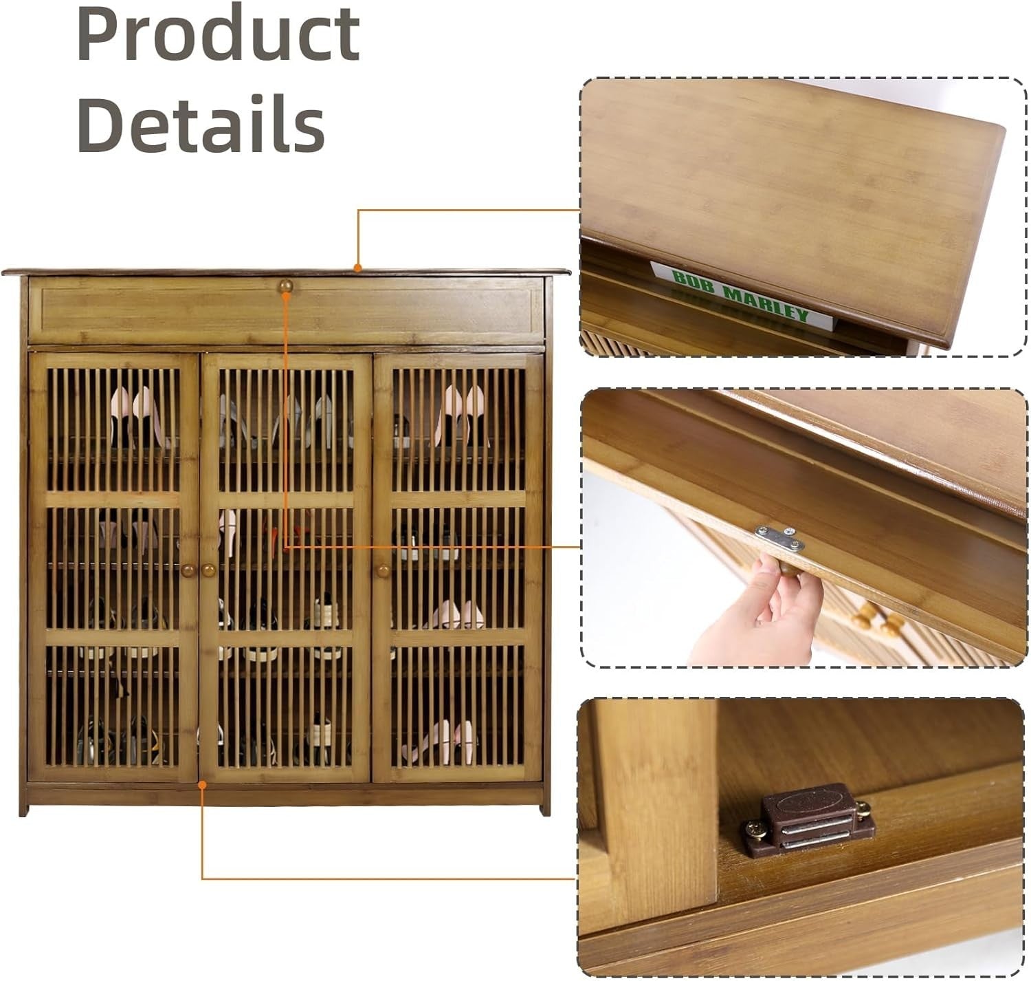 Large 4-Tier Bamboo Shoe Cabinet with Drawer & Lockable Slatted Doors, 16-18 Pai