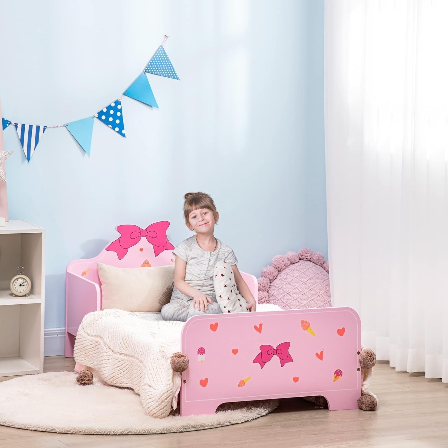 Kids Toddler Bed with Safety Rails Wooden Low Frame Girls Bedroom Princess Pink