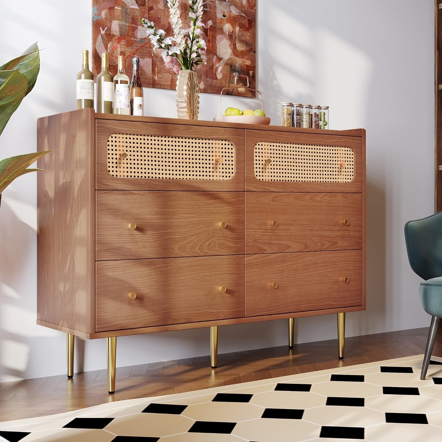 Rustic Walnut Sideboard Cabinet with 6 Drawers, Rattan Storage, Metal Handles