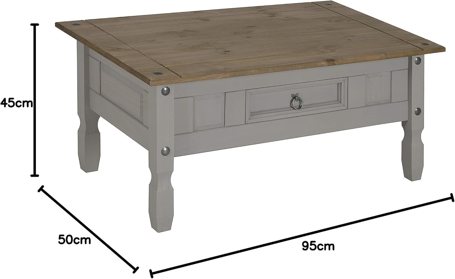 Solid Pine Coffee Table with Drawer, Distressed Grey Wax Finish, 95x50x45cm