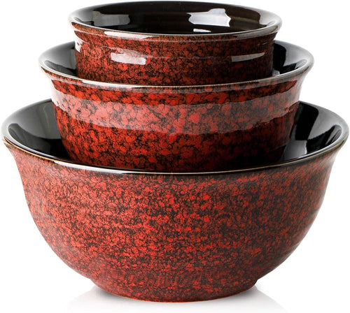 3 Pcs Red Ceramic Mixing Bowls Microwave Oven Safe Nesting Set