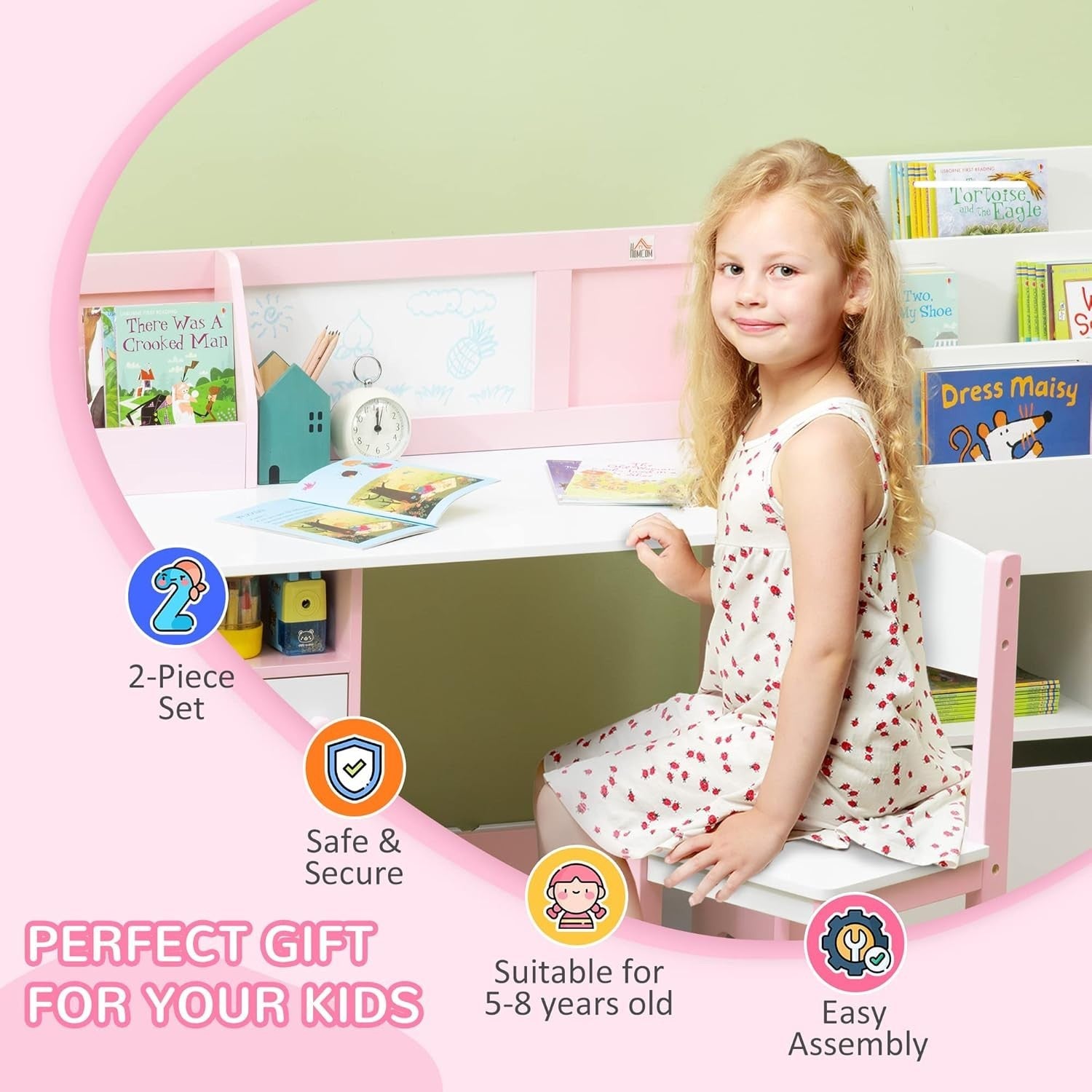 Kids Desk and Chair Set with Storage Whiteboard Study Table Furniture Pink