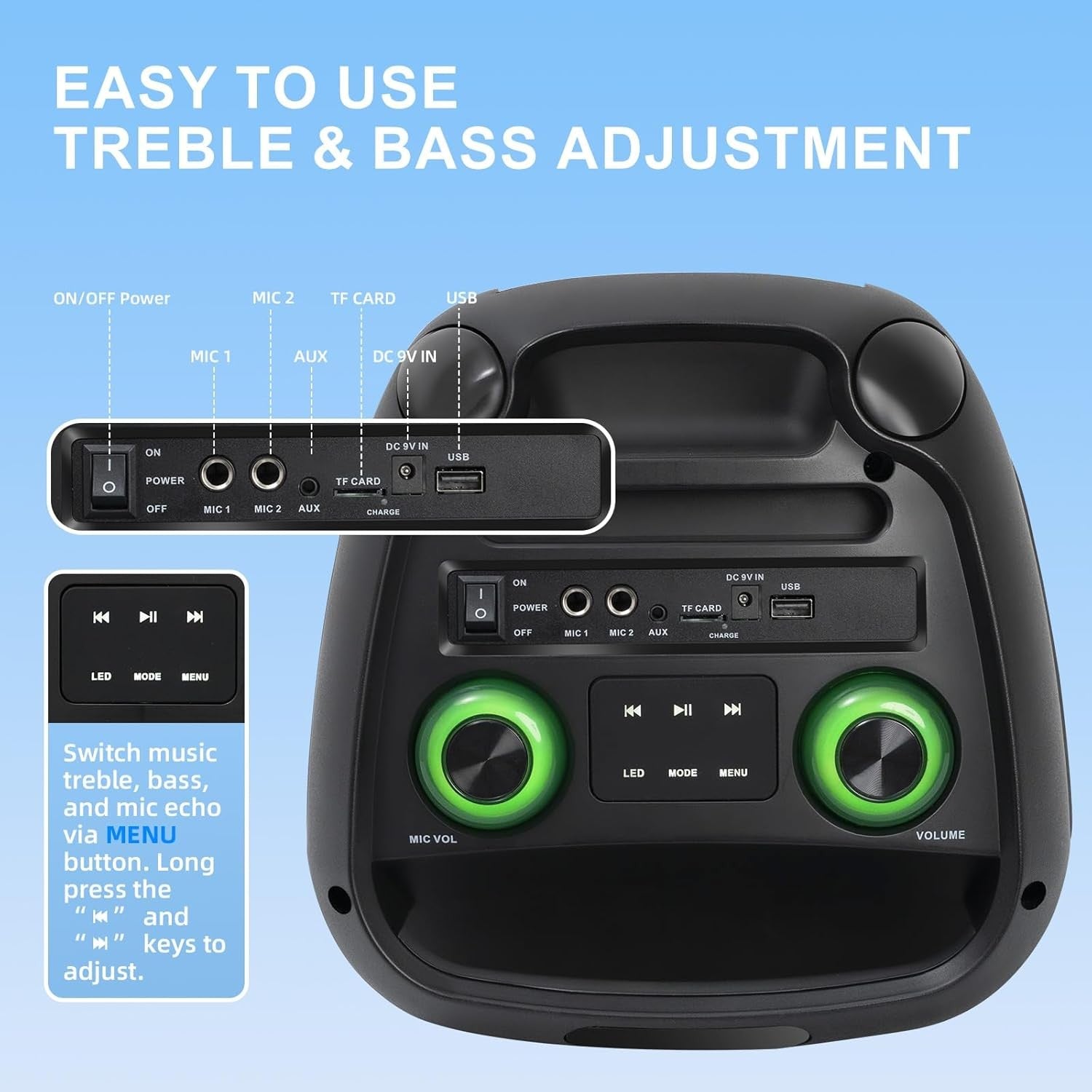 Bluetooth Karaoke Speaker 40W Dual Woofers 2 Mics