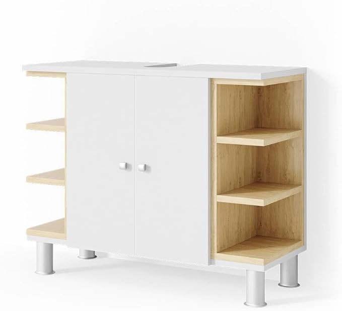White Bathroom Sink Cabinet 79x64x32cm Oak Vanity Storage Unit with Shelves