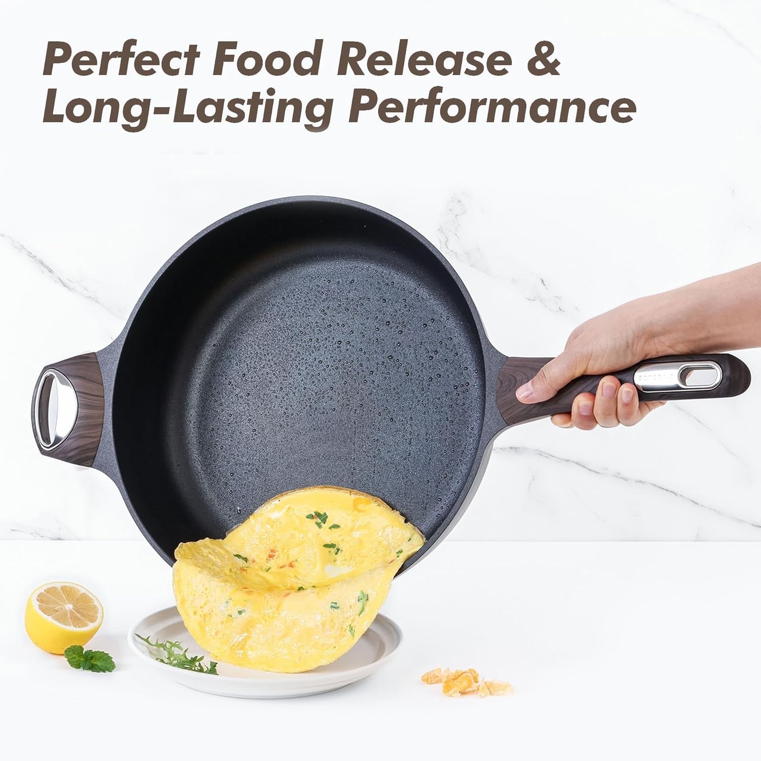 30cm Black Deep Non Stick Saute Pan with Lid, 4.7L Skillet Induction Compatible