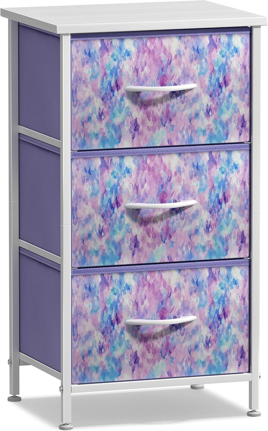 Kids 3-Drawer Storage Nightstand Fabric Dresser Chest w/ Wood Top Purple Tie-Dye