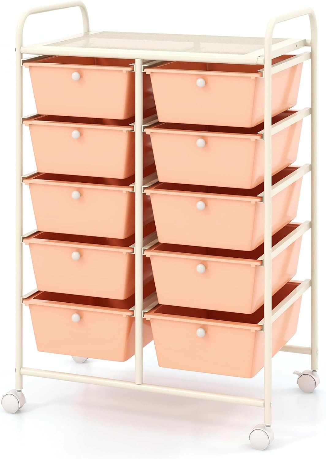 10 Drawer Peach Storage Trolley Rolling Organizer Cart with Wheels