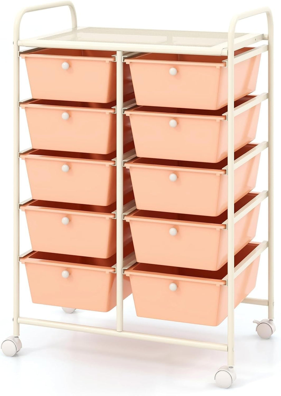 10 Drawer Peach Storage Trolley Rolling Organizer Cart with Wheels