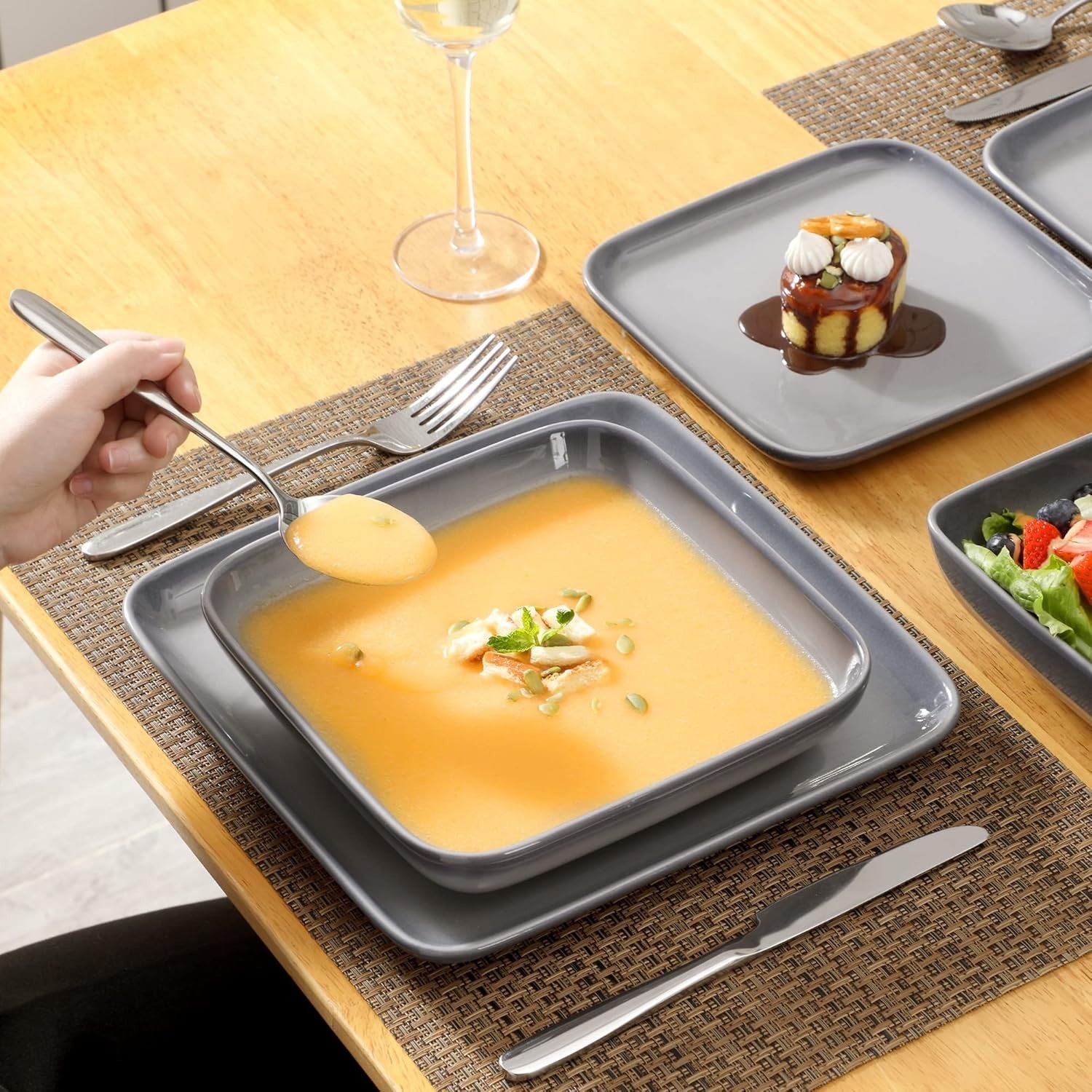 16pc Stoneware Dinner Set Square Plates Bowls Gradient Grey Modern