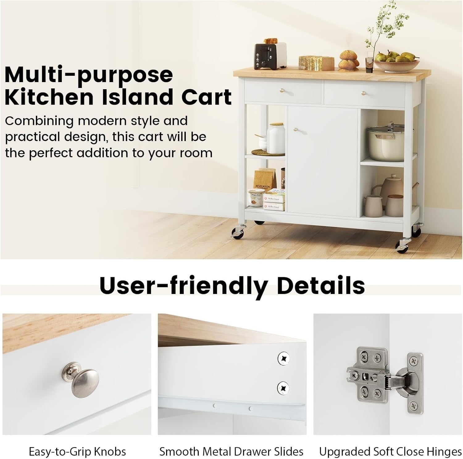 Mobile Kitchen Island Cart with Adjustable Shelves, Drawers & Lockable Wheels