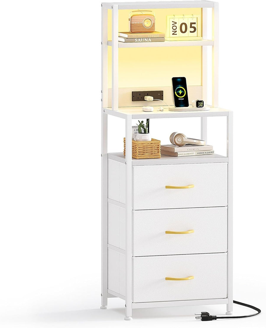 Tall Bedside Table with USB Charging, 3 Drawers + Shelves