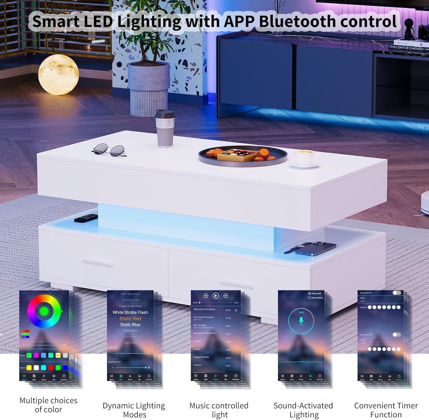LED Lift Top Coffee Table with Storage Drawers, RGB Lights, Modern White