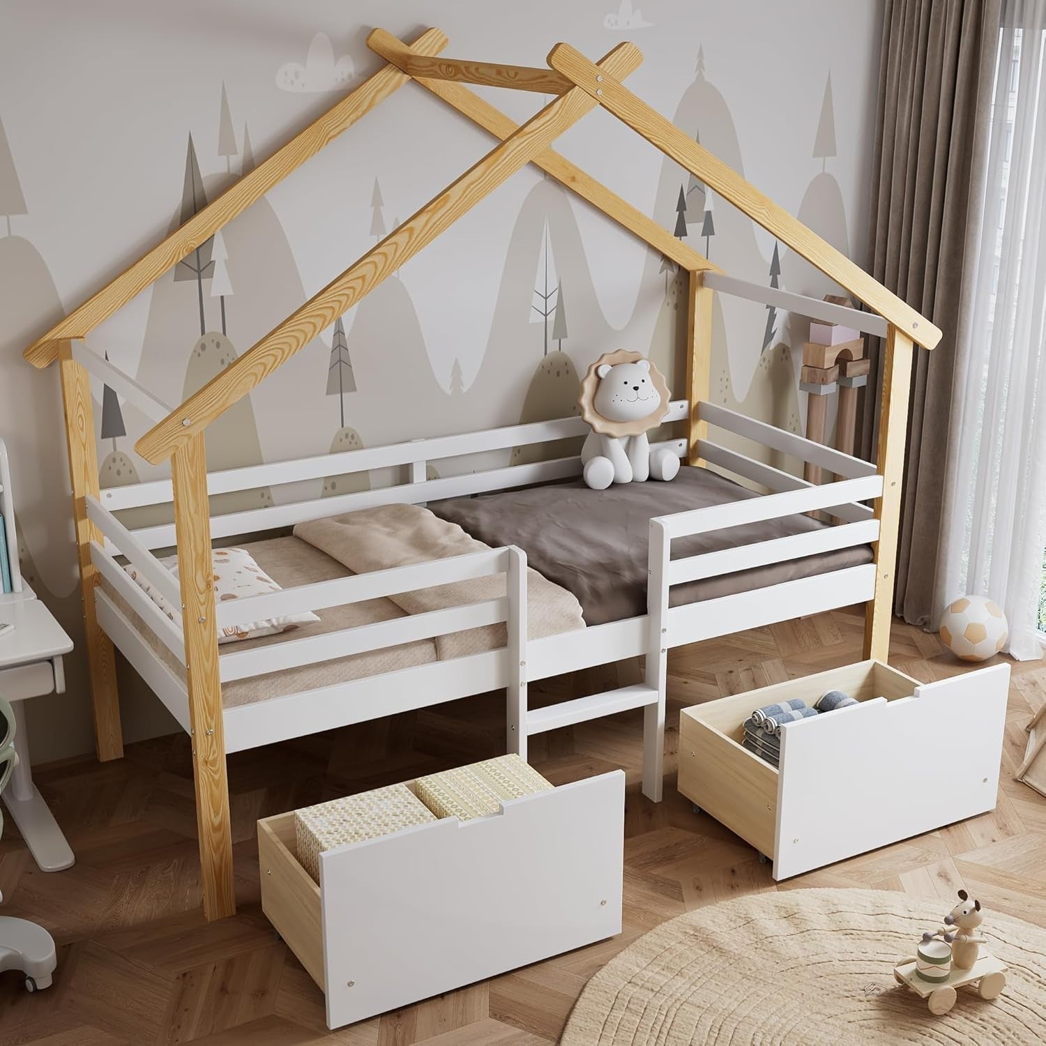 Kids Cabin Bed w/ Drawers 3FT 90x190cm House Frame, Storage & Guardrail