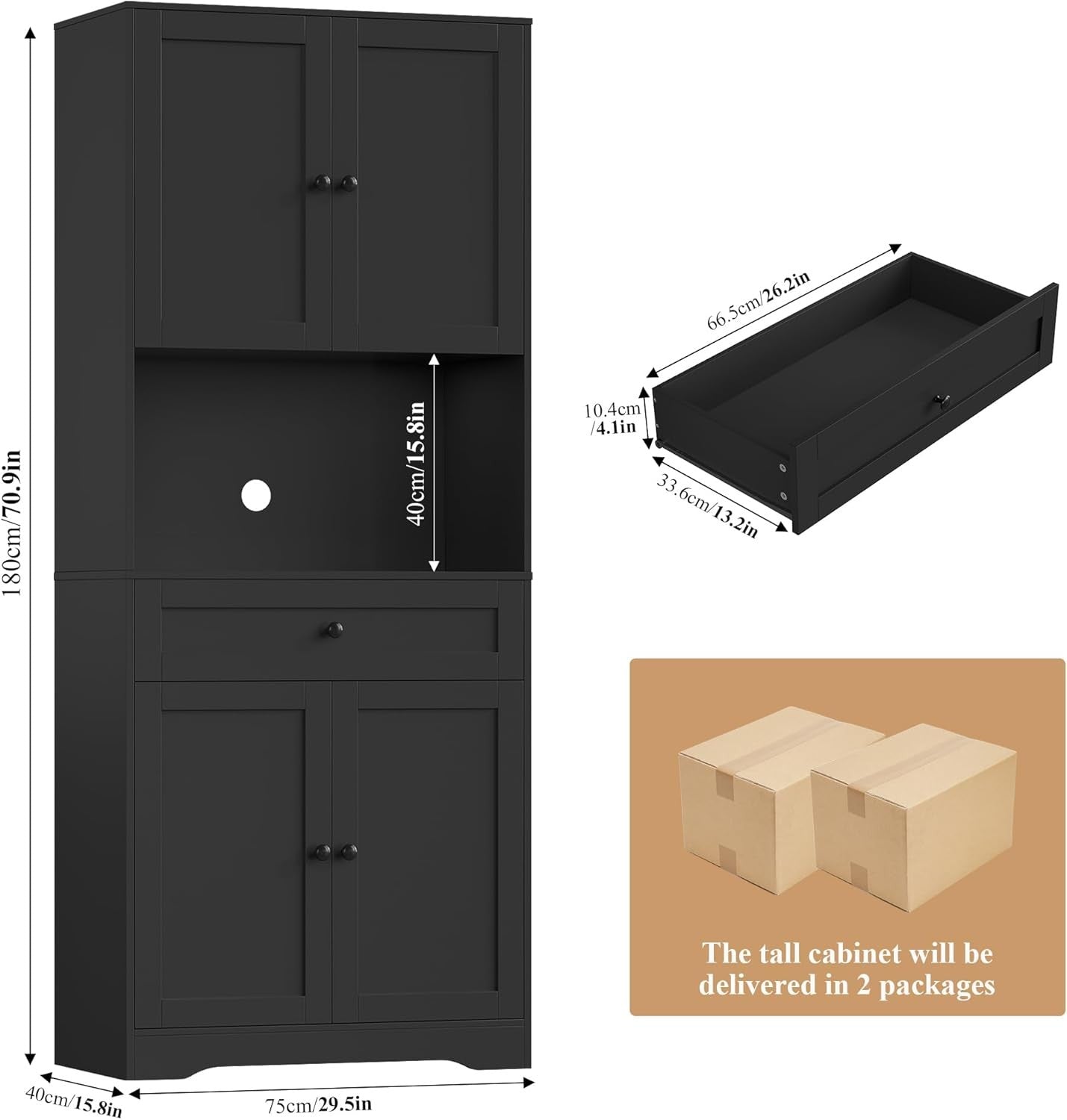 Tall Black Kitchen Cabinet Cupboard with Countertop & Adjustable Shelves