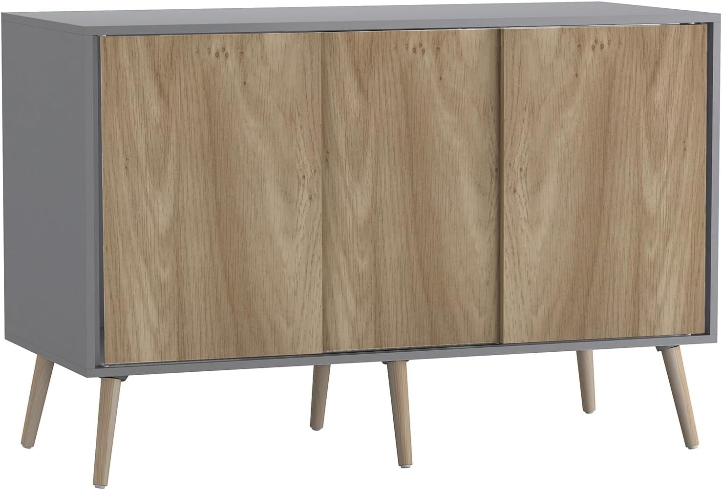 Oak Sliding Sideboard Cabinet Grey Unit 3 Door Storage Beech Legs