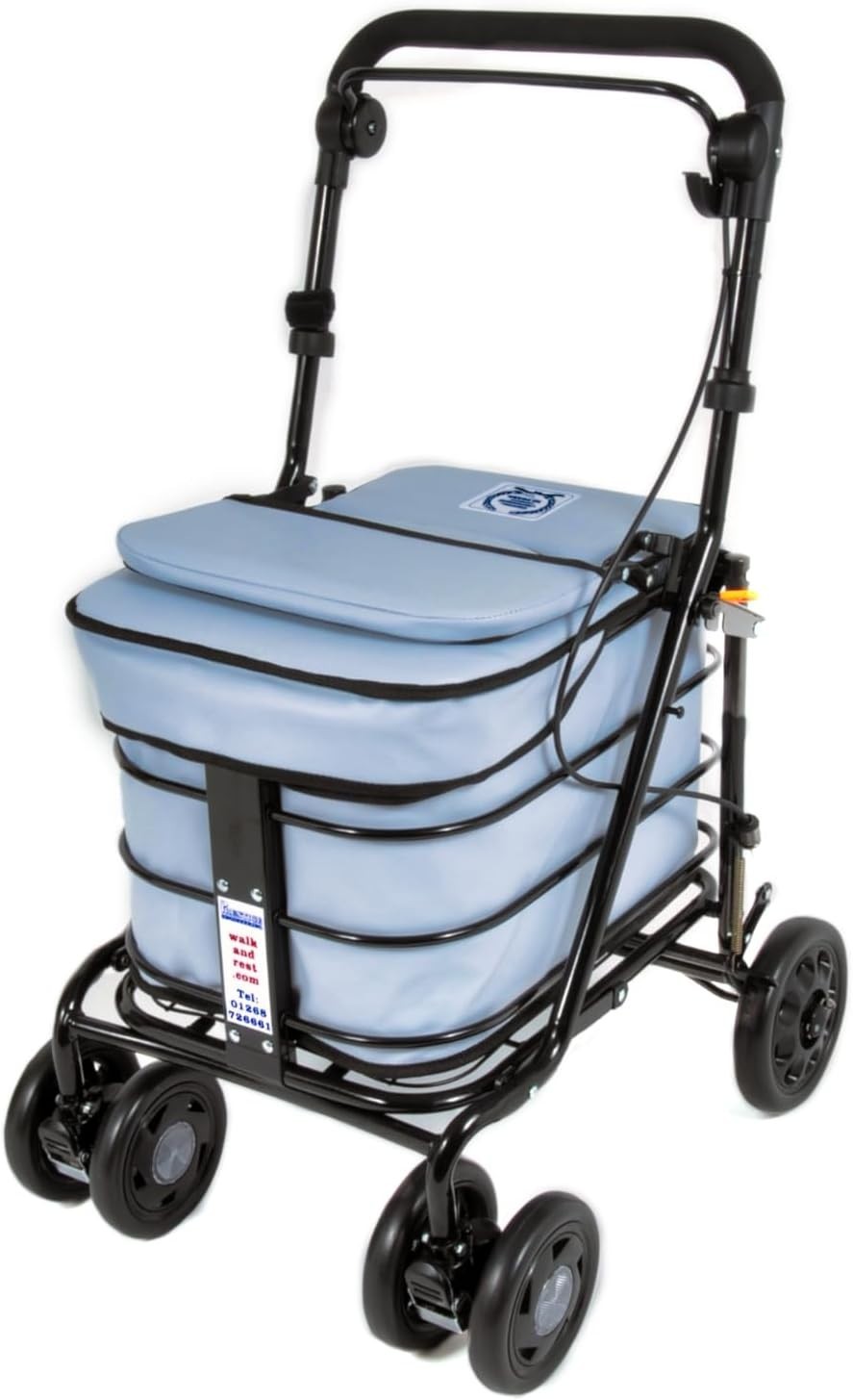 Premium 6 Wheel Mobility Shopping Trolley With Seat Backrest Sky Blue