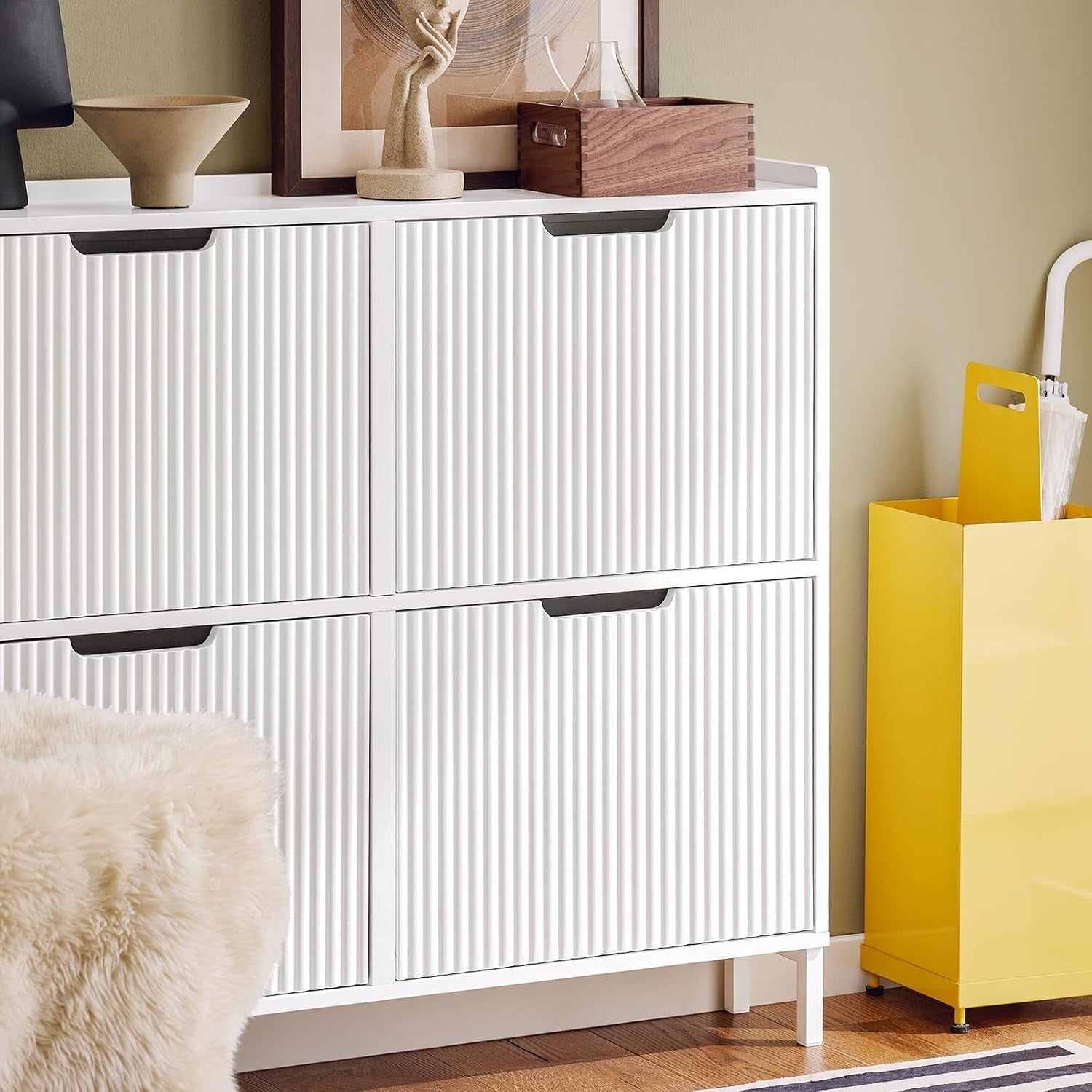 White Slim Shoe Cabinet 4 Flip Drawers – Wide Narrow Hallway Storage 100cm