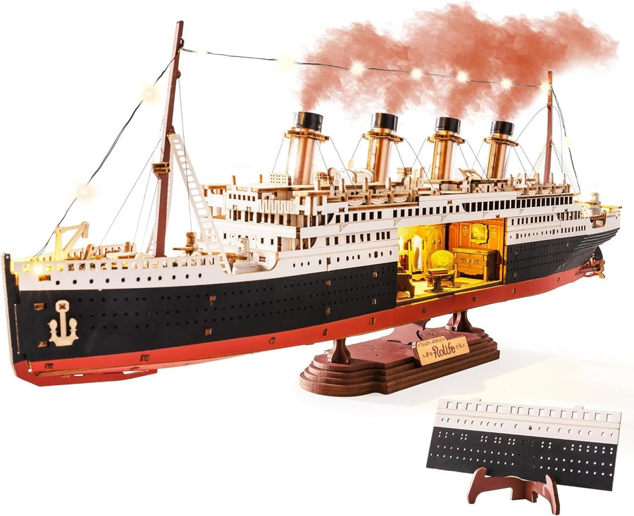 3D Titanic Ship Model Kit Wooden Puzzle LED Display Collectible