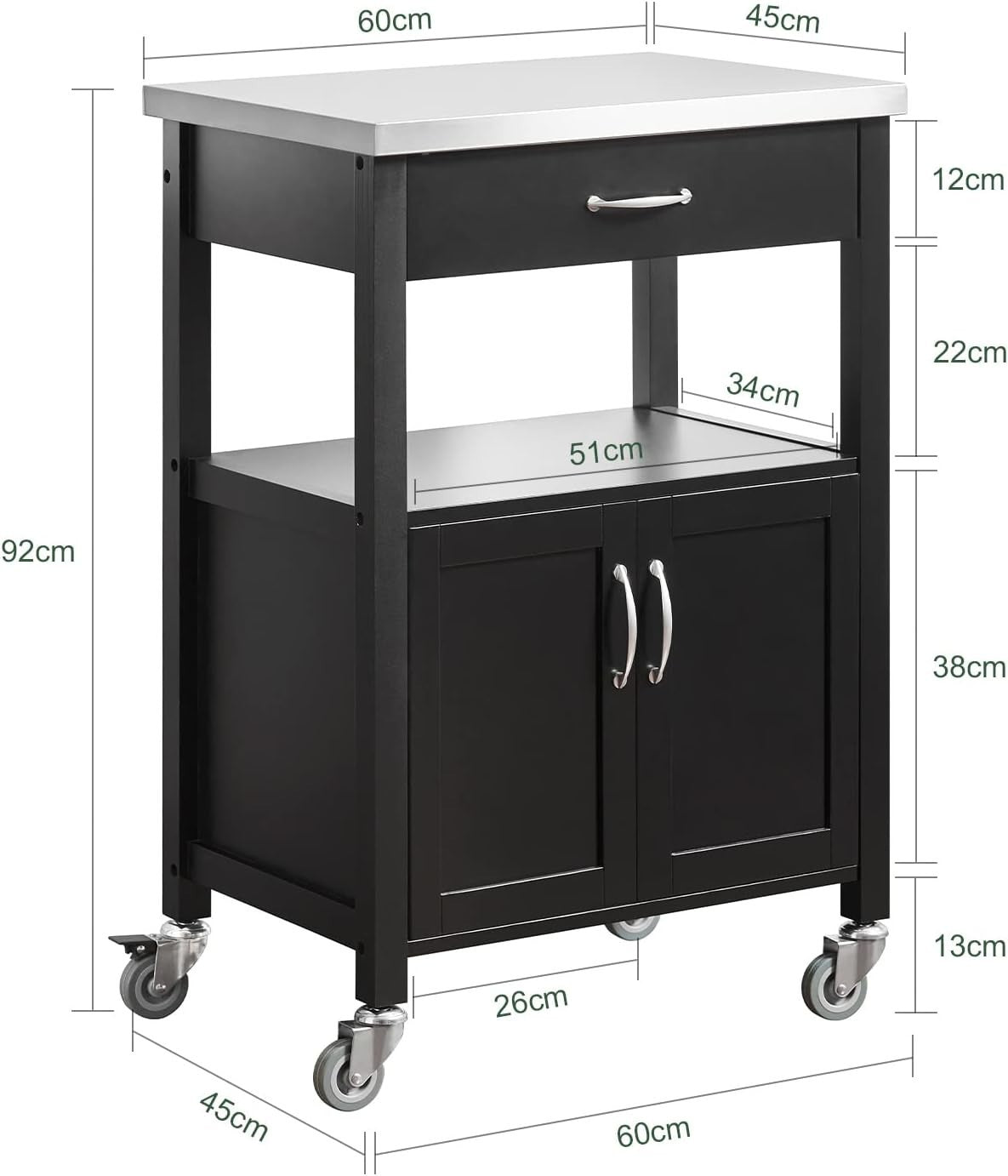 Kitchen Trolley Cart Stainless Steel Top Storage Cabinet