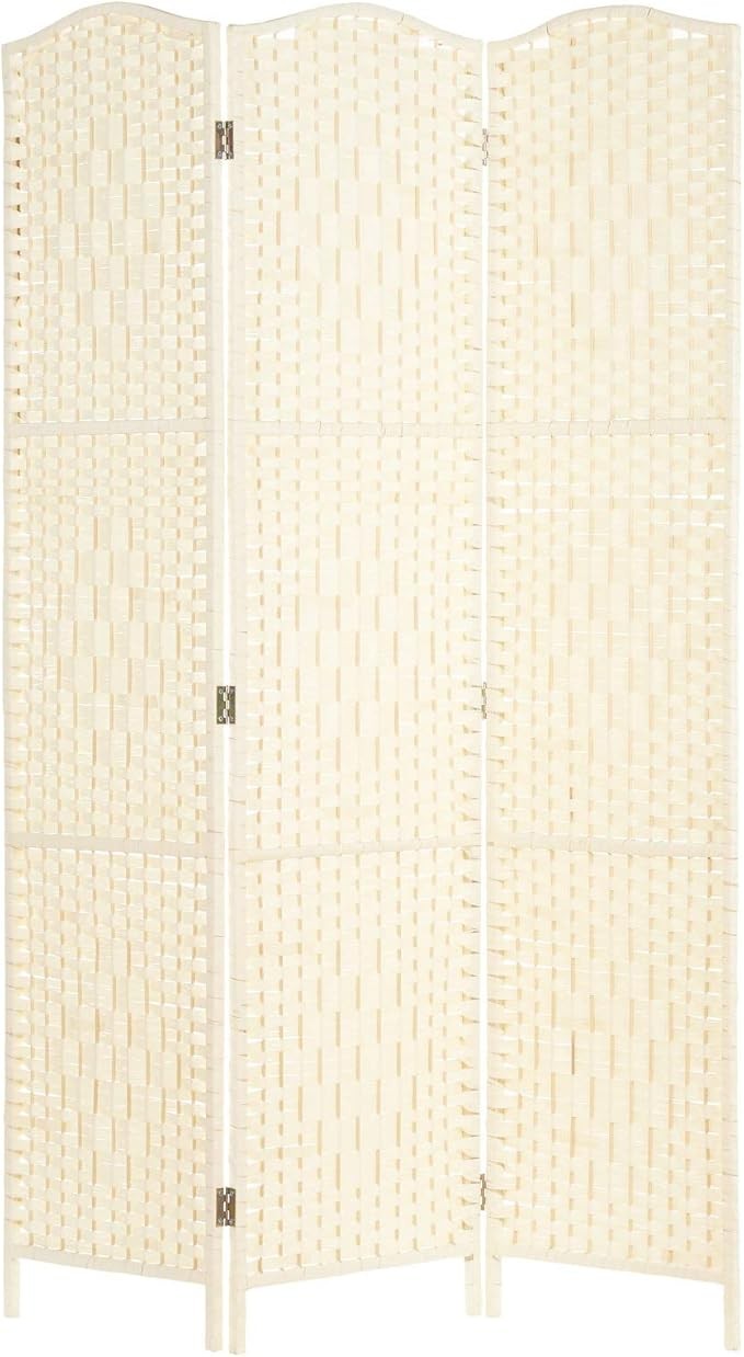 3-Panel Solid Weave Wicker Room Divider Folding Privacy Screen Cream