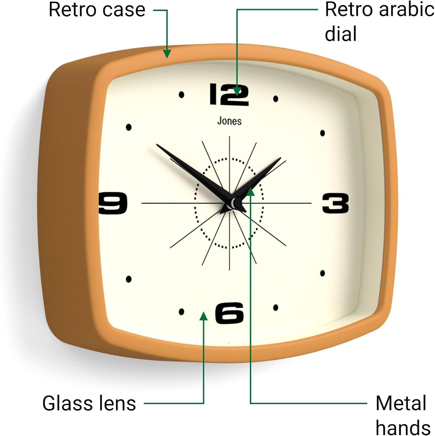 Retro 25cm Wall Clock Rectangle Silent Mustard Yellow Kitchen Home Decor
