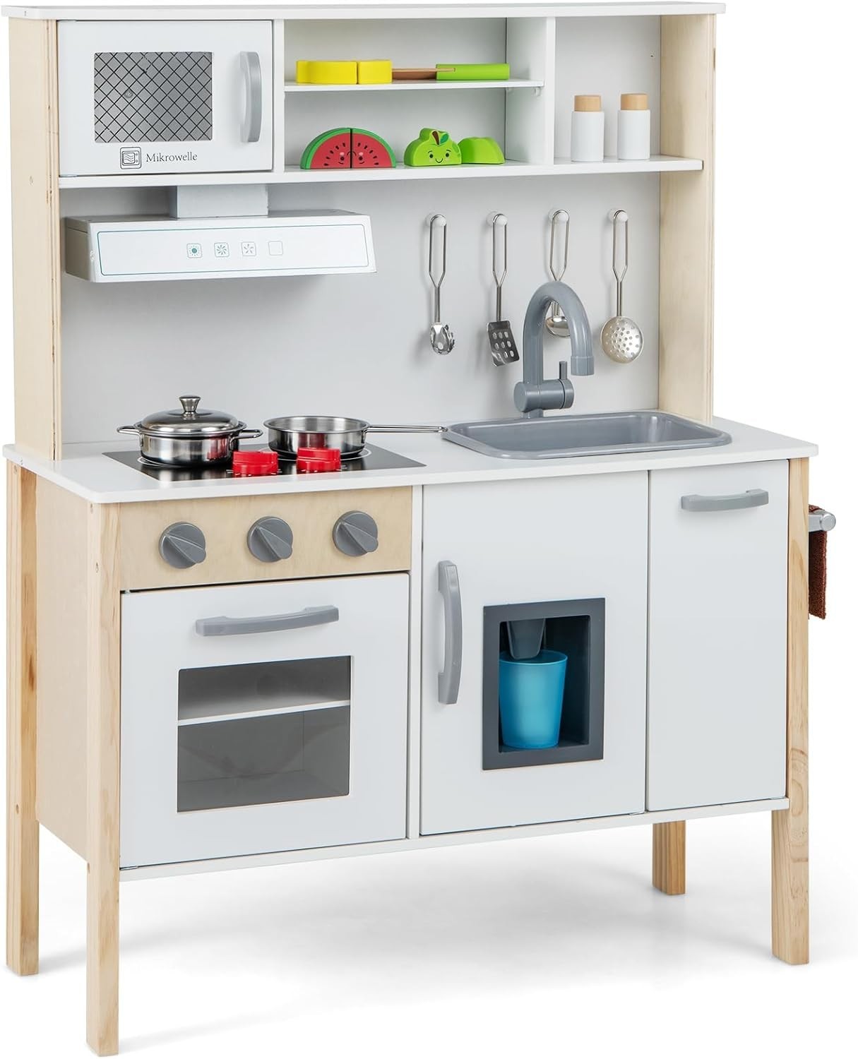 Wooden Kids Play Kitchen White Ice Maker Sound Cooking Toy Set