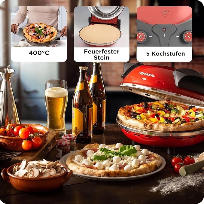 Electric Pizza Maker 1200W 5 Temp Settings Fast Cook Compact Oven Red