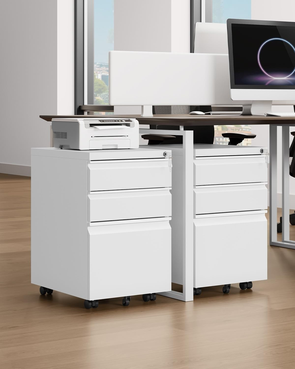 Lockable 3-Drawer Mobile Filing Cabinet Rolling Metal Office Storage White
