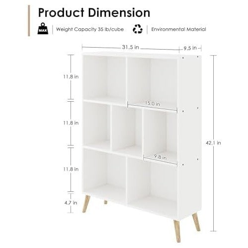 7 Cube White Wooden Bookcase Modern 3 Tier Storage Shelf with Legs 80x24x107cm