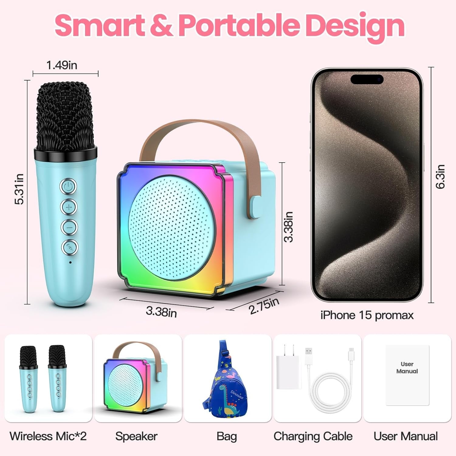 Blue Mini Karaoke Machine with 2 Wireless Mics LED Speaker & Bag