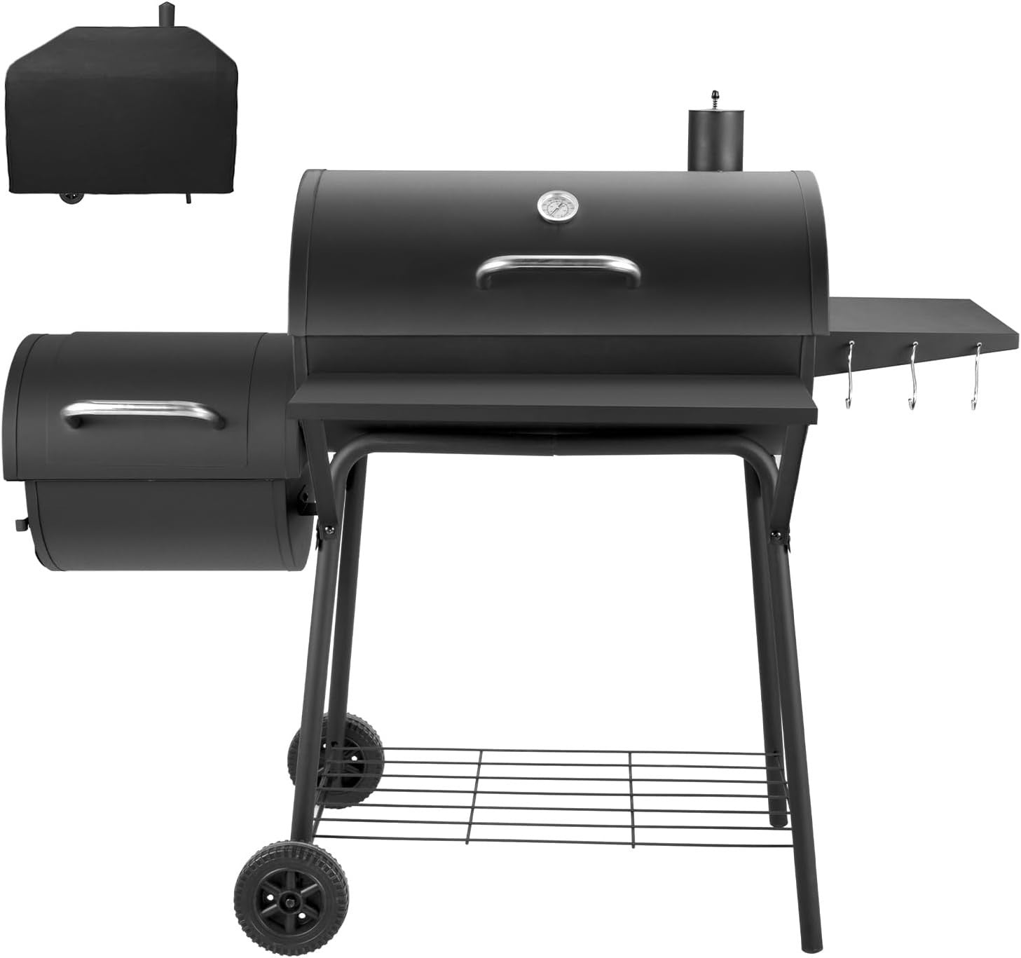 Charcoal BBQ Grill with Offset Smoker, Large Barrel BBQ with Thermometer