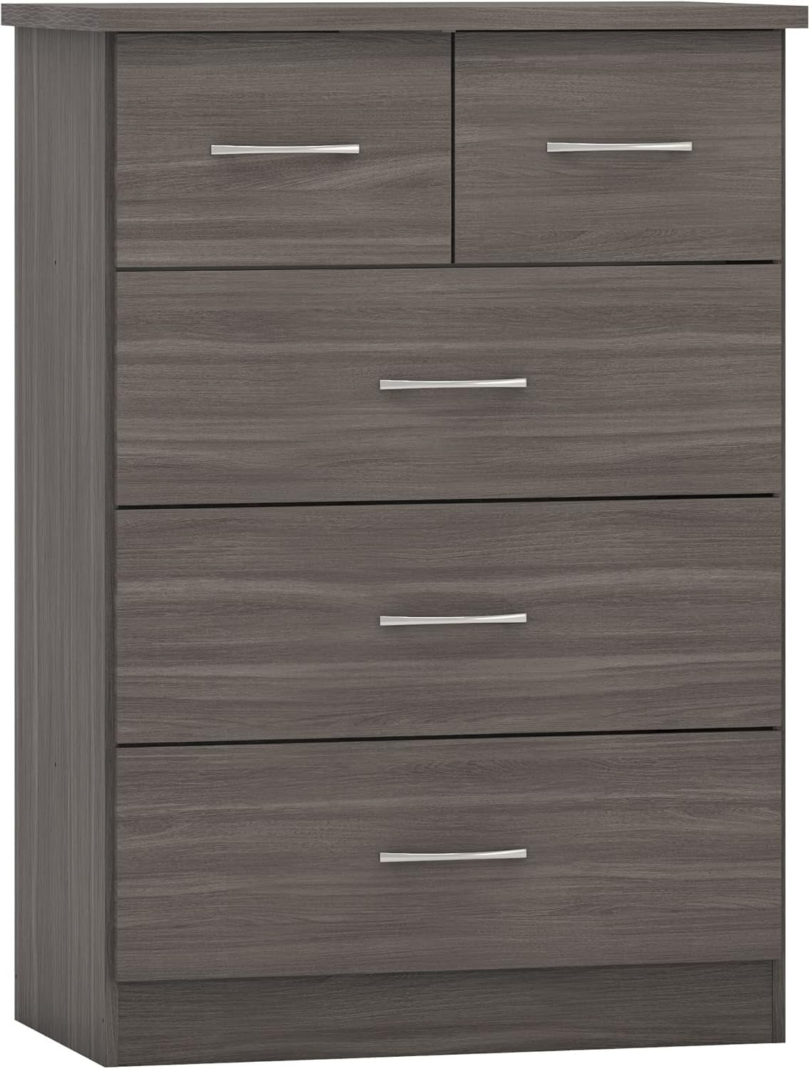 Tall Chest of 5 Drawers Black Wood Grain Storage Cabinet Bedroom Unit