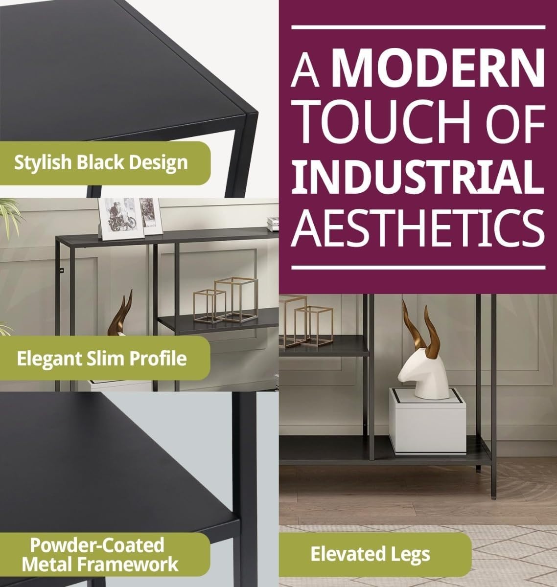 Slim Black Console Table with Storage Shelves – Modern Narrow Hallway Desk