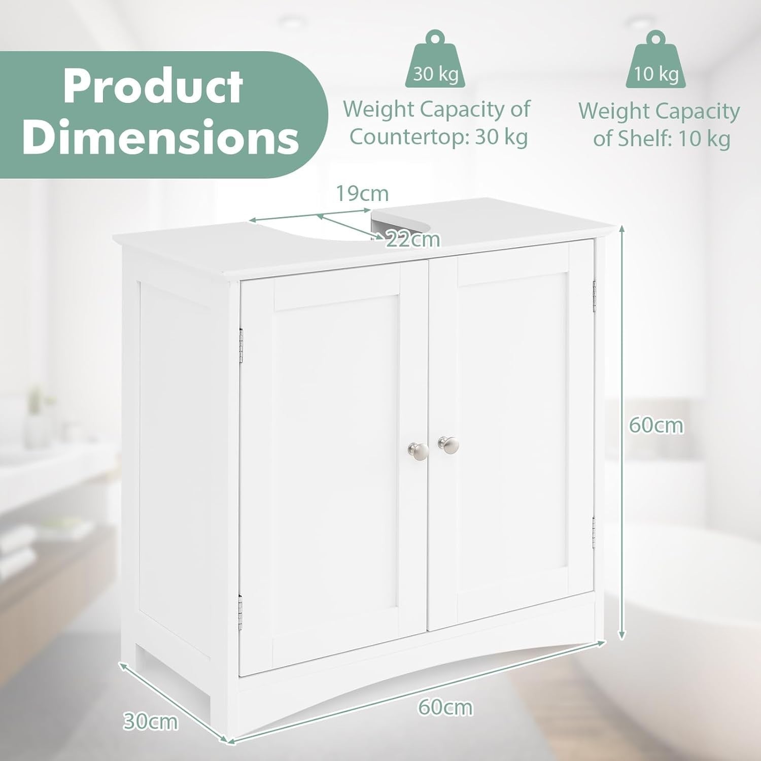 Under Sink Bathroom Cabinet Storage Unit 2 Door Cupboard 60x30x60cm White