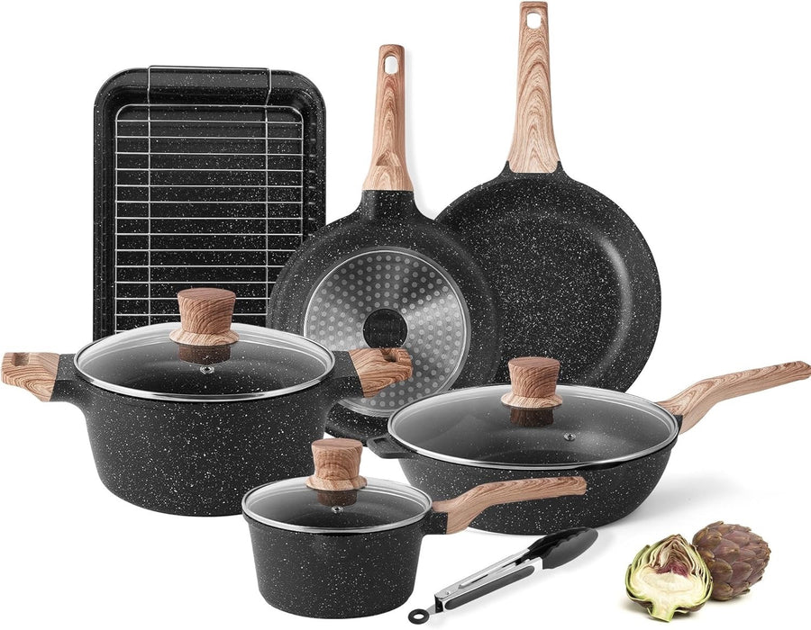 11Pcs Black Non-Stick Cookware & Baking Set with Lids, Induction Compatible