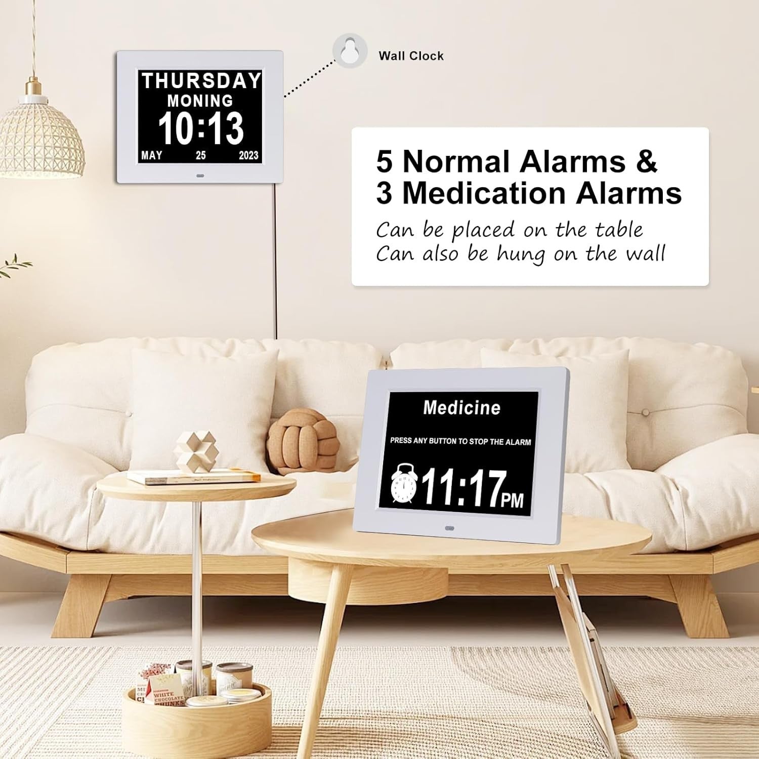 Digital Dementia Day Calendar Alarm Clock 8” Large Display White
