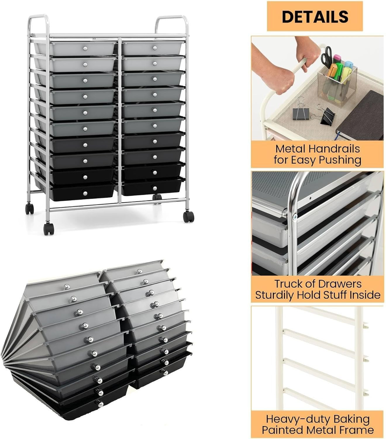 Gradient Black 20 Drawer Rolling Storage Trolley Utility Organizer Cart