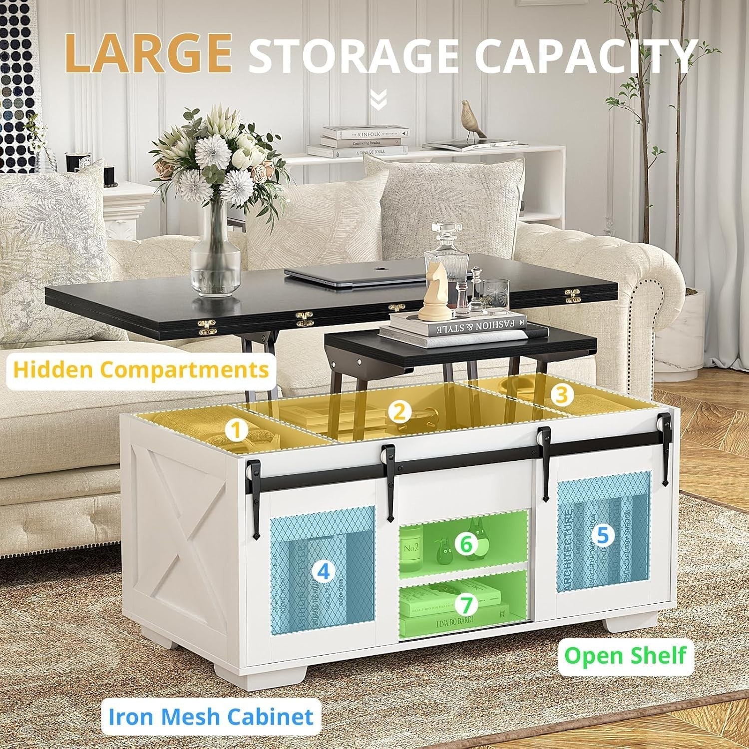 Lift Top Coffee Table 4-in-1 Convertible Storage Dining Table for Living Room