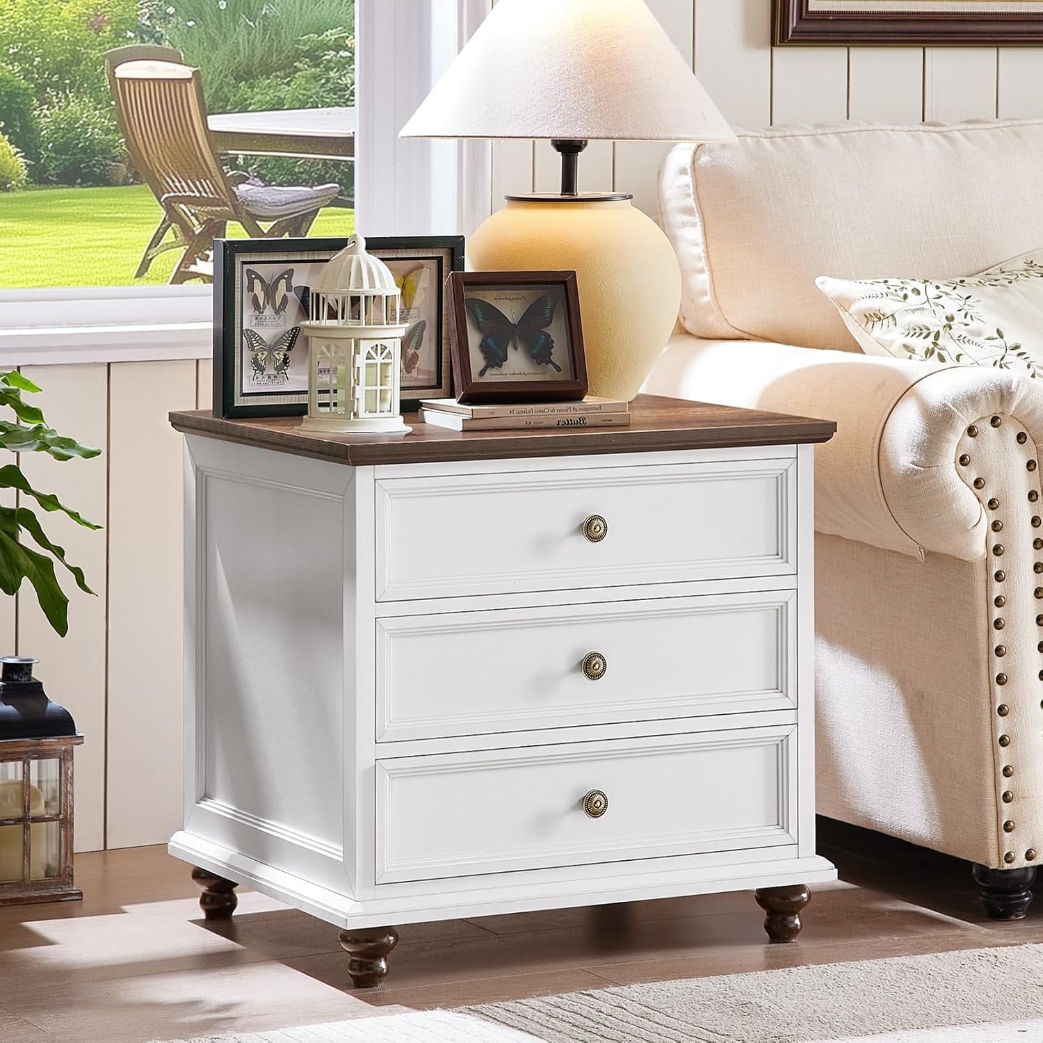 White Wooden Bedside Table with 3 Drawers – Rustic Nightstand