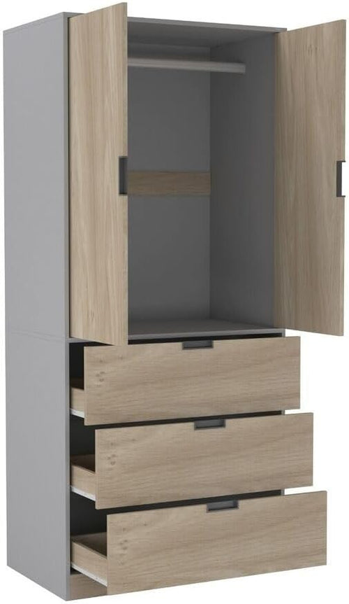 Modern Oak 2 Door 3 Drawer Wardrobe with Rail Shelf Grey H180cm Storage