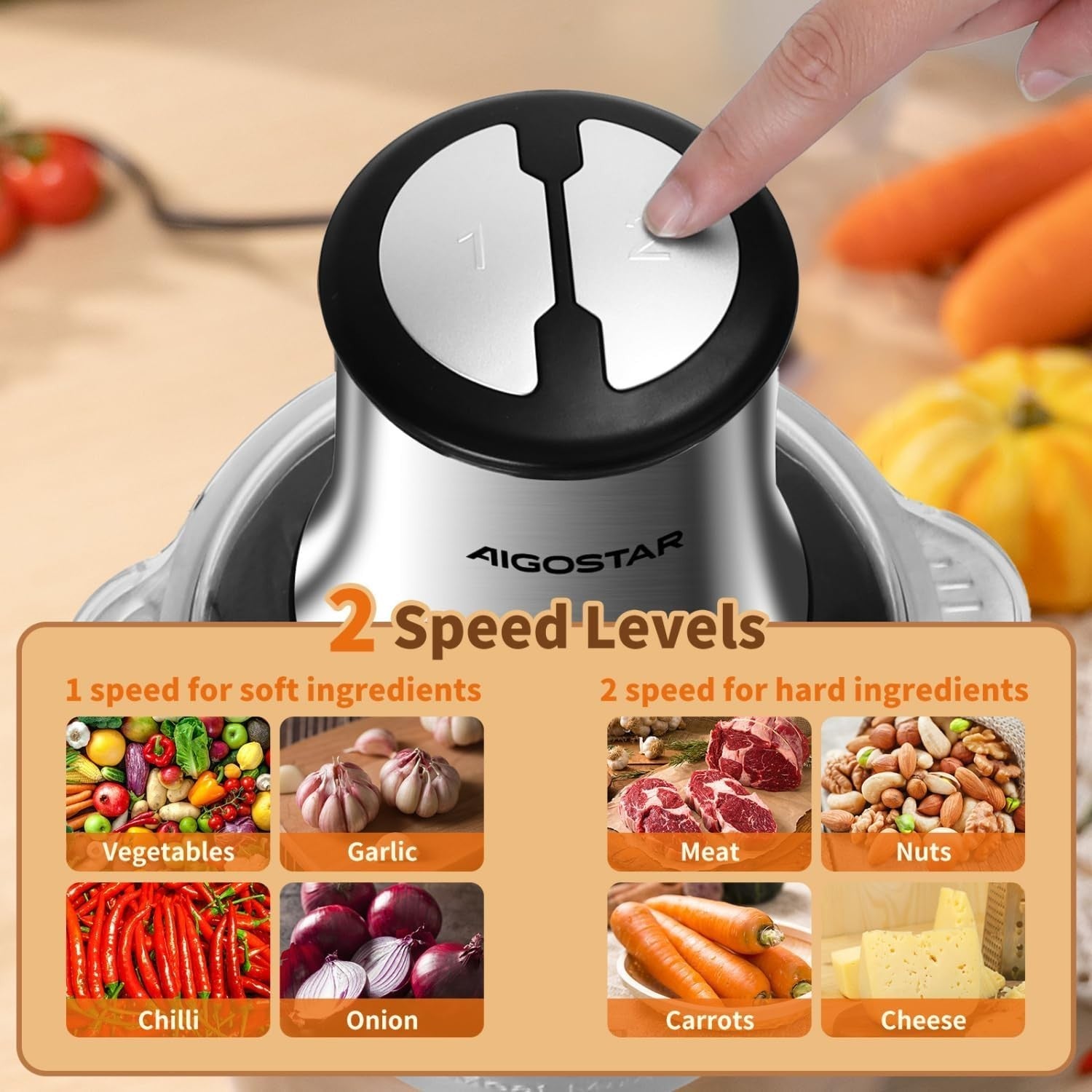 500W Mini Food Chopper 1.8L Stainless Steel Processor 2 Speed