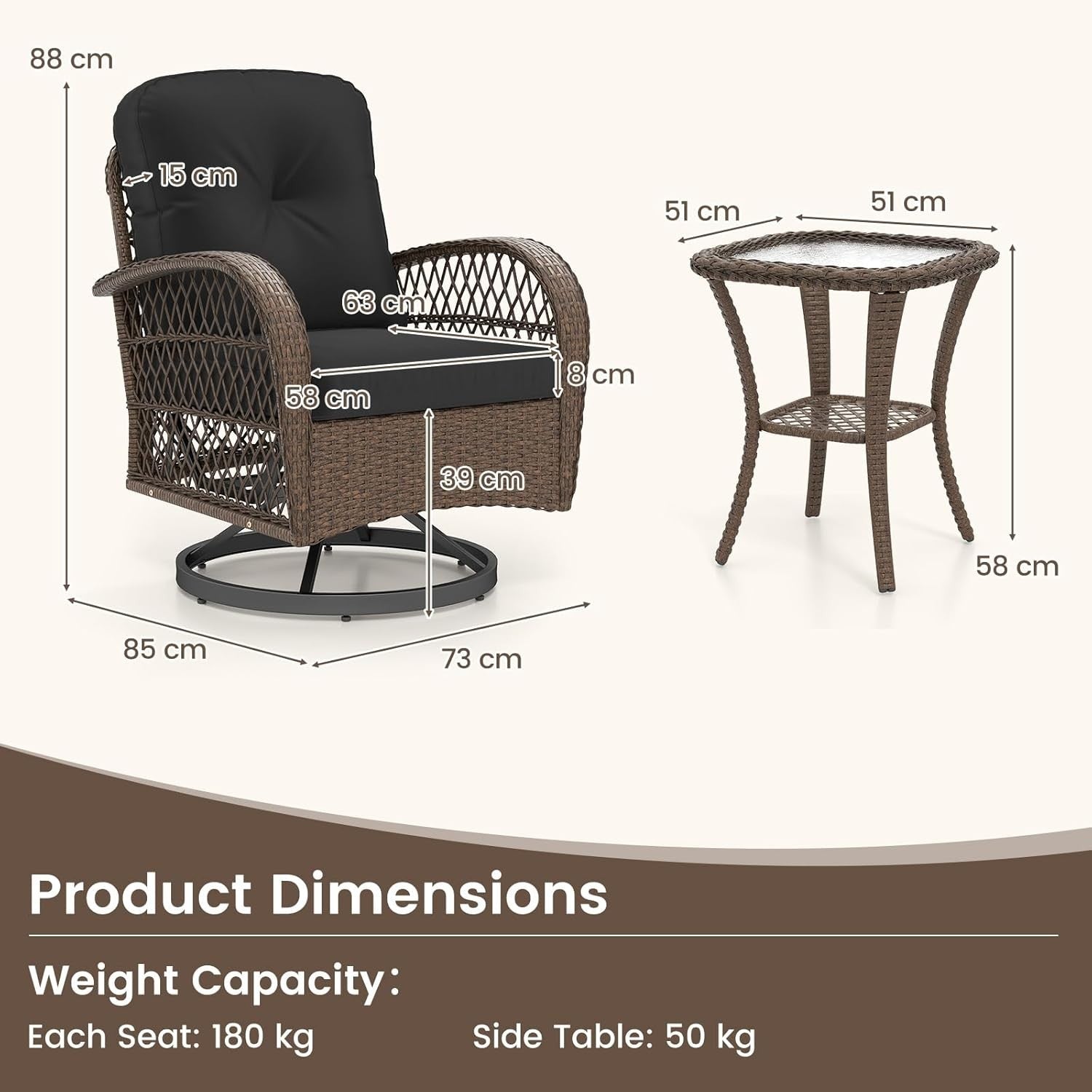 3pc Rattan Bistro Set Garden Swivel Rocking Chairs & Glass Table Outdoor