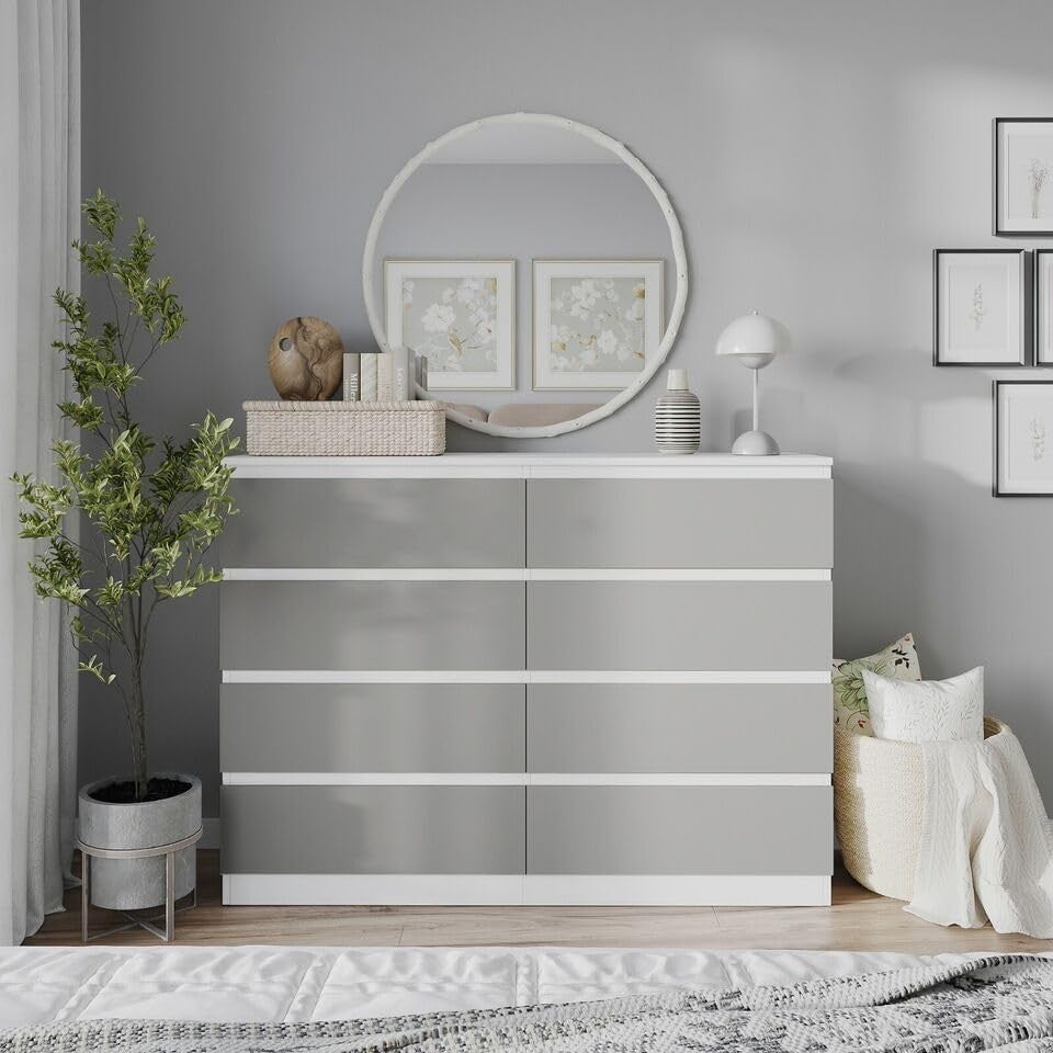Modern White & Grey 8-Drawer Chest Bedroom Storage Cabinet Office Organizer