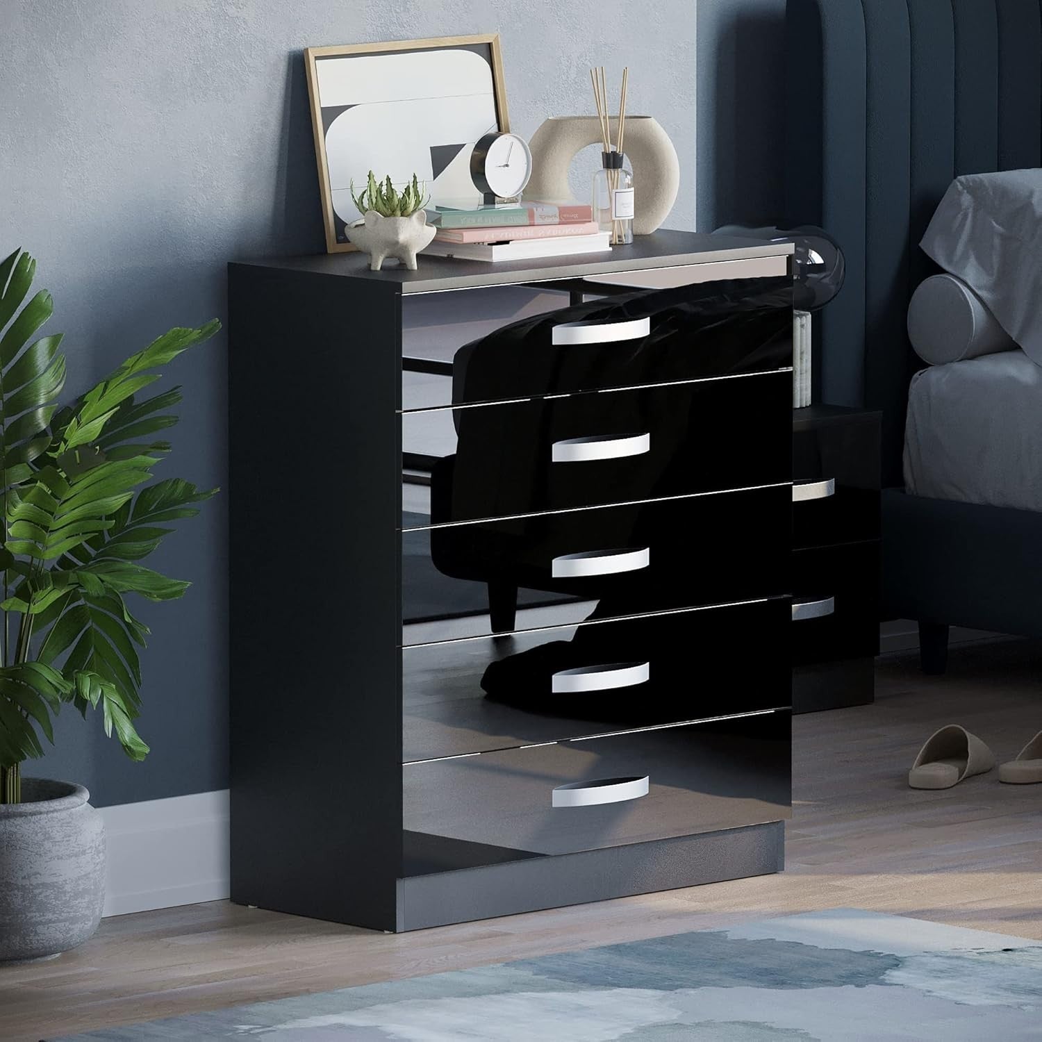 High Gloss 5 Drawer Chest Black Storage Cabinet with Smooth Glide Drawers
