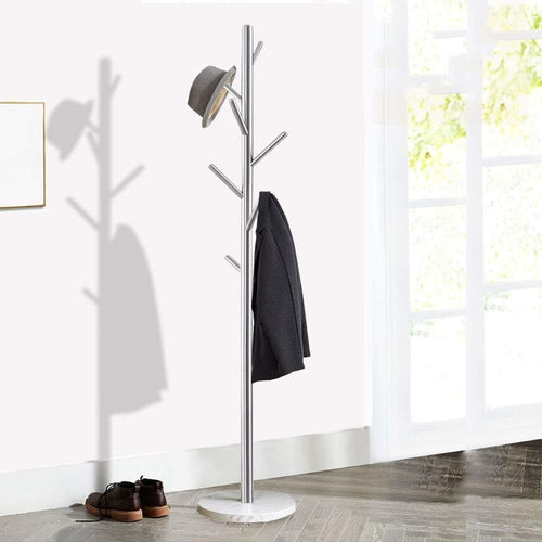 Modern Freestanding Coat Rack Metal Stand | Marble Base Silver Hall Tree